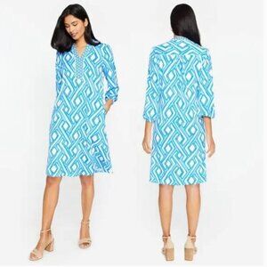 J McLaughlin Emer Long Sleeve Blue White Vilhada Souk Geometric Print Dress